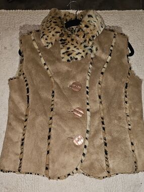 Faux Suede Reversible Vest with Leopard Trim - Tan